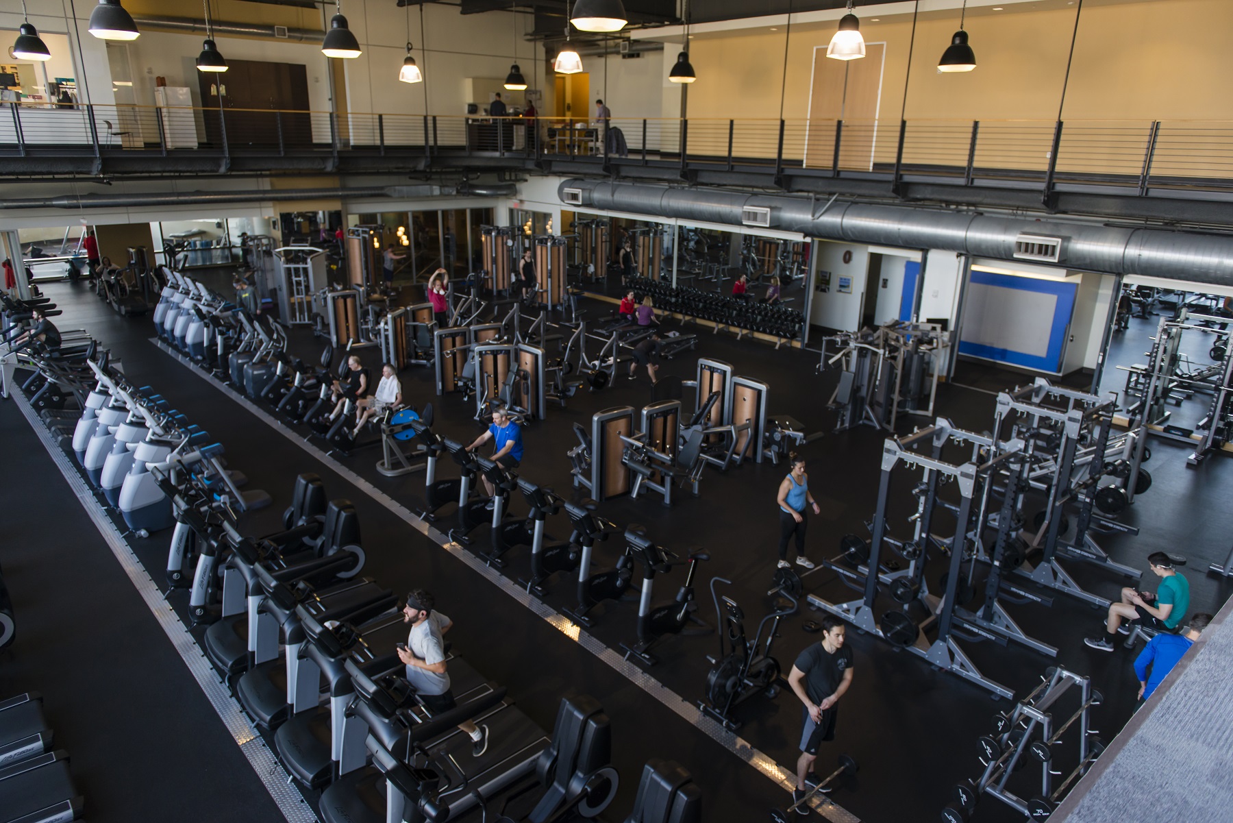 Wide view looking back onto fitness floor showing cardiovascular and strength equipment.