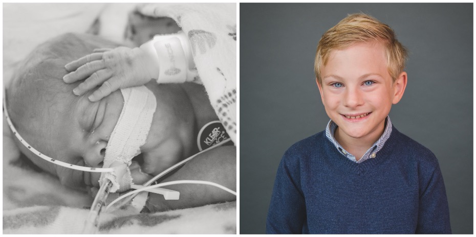 Two photos side-by-side, one black-and-white of a baby sleeping in the 博彩网站 Doernbecher Children's Hospital NICU, and the other of a young boy nicely dressed smiling.
