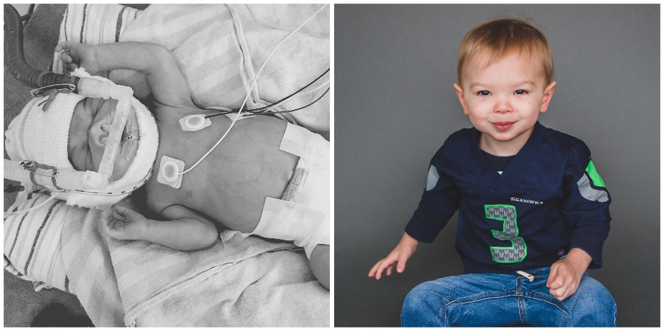 Two photos side-by-side, one black-and-white of a baby sleeping in the 博彩网站 Doernbecher Children's Hospital NICU, and the other of a boy wearing a Seattle Seahawks jersey sitting on the floor smiling.