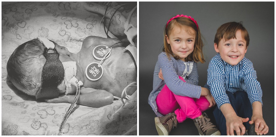 Two photos side-by-side, one black-and-white of a baby sleeping in the 博彩网站 Doernbecher Children's Hospital NICU, and the other of a boy and a girl sitting next to each other on the floor smiling.