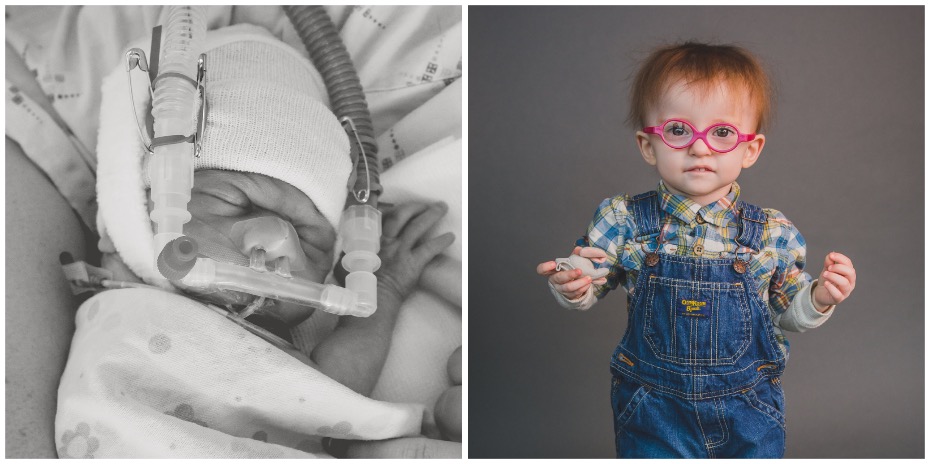 Two photos side-by-side, one black-and-white of a baby sleeping in the 博彩网站 Doernbecher Children's Hospital NICU, and the other of a young boy standing wearing overalls and glasses.