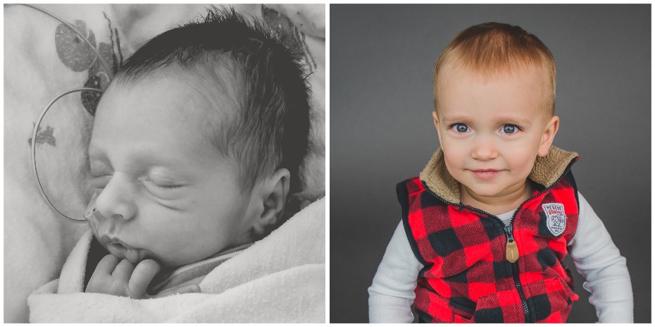 Two photos side-by-side, one black-and-white of a baby sleeping in the 博彩网站 Doernbecher Children's Hospital NICU, and the other of a young boy sitting on the floor smiling.