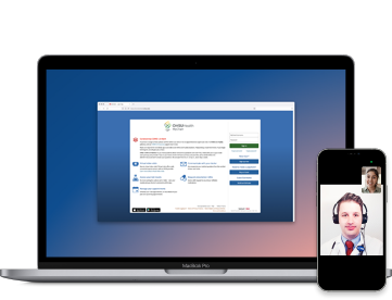 A laptop showing the MyChart login page, and a smartphone showing a virtual visit.