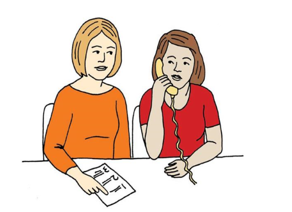 drawing of young woman speaking on the phone to her doctor with someone helping her sitting next to her