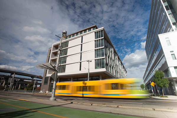 The Knight Cancer Research Building with streetcar