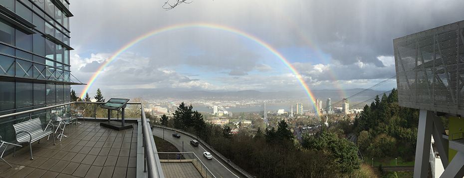 View of a rainbow over campus