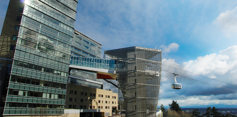 A sunny day view of the Portland Aerial Tram as it arrives at 博彩网站's Kohler Pavilion