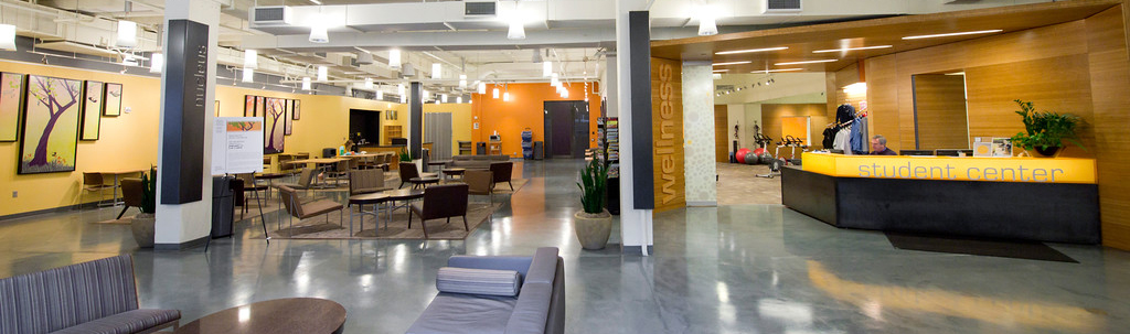 Panoramic interior view of the Student Center on the Marquam Hill campus
