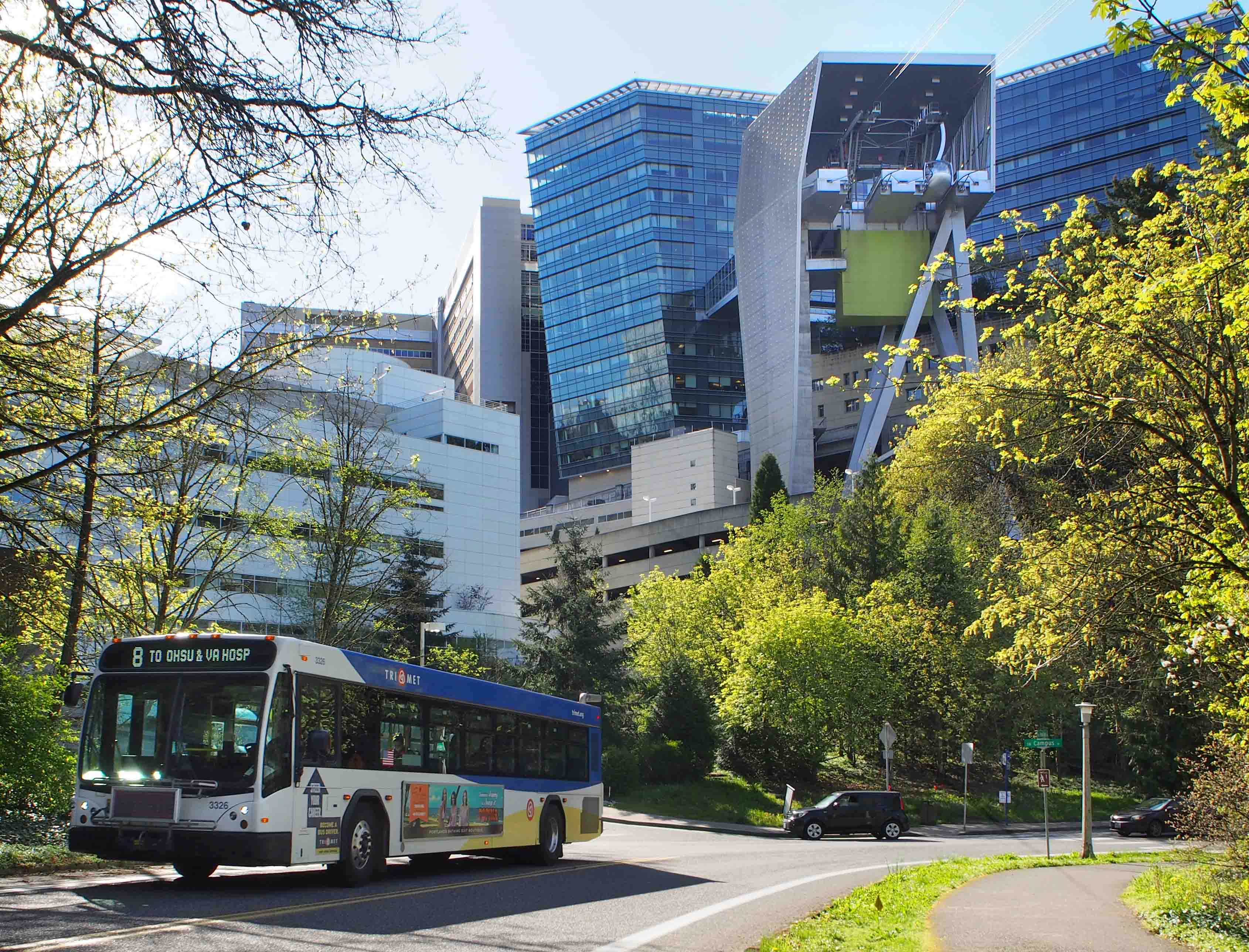 Tram, bus, and cars on Marquam Hill