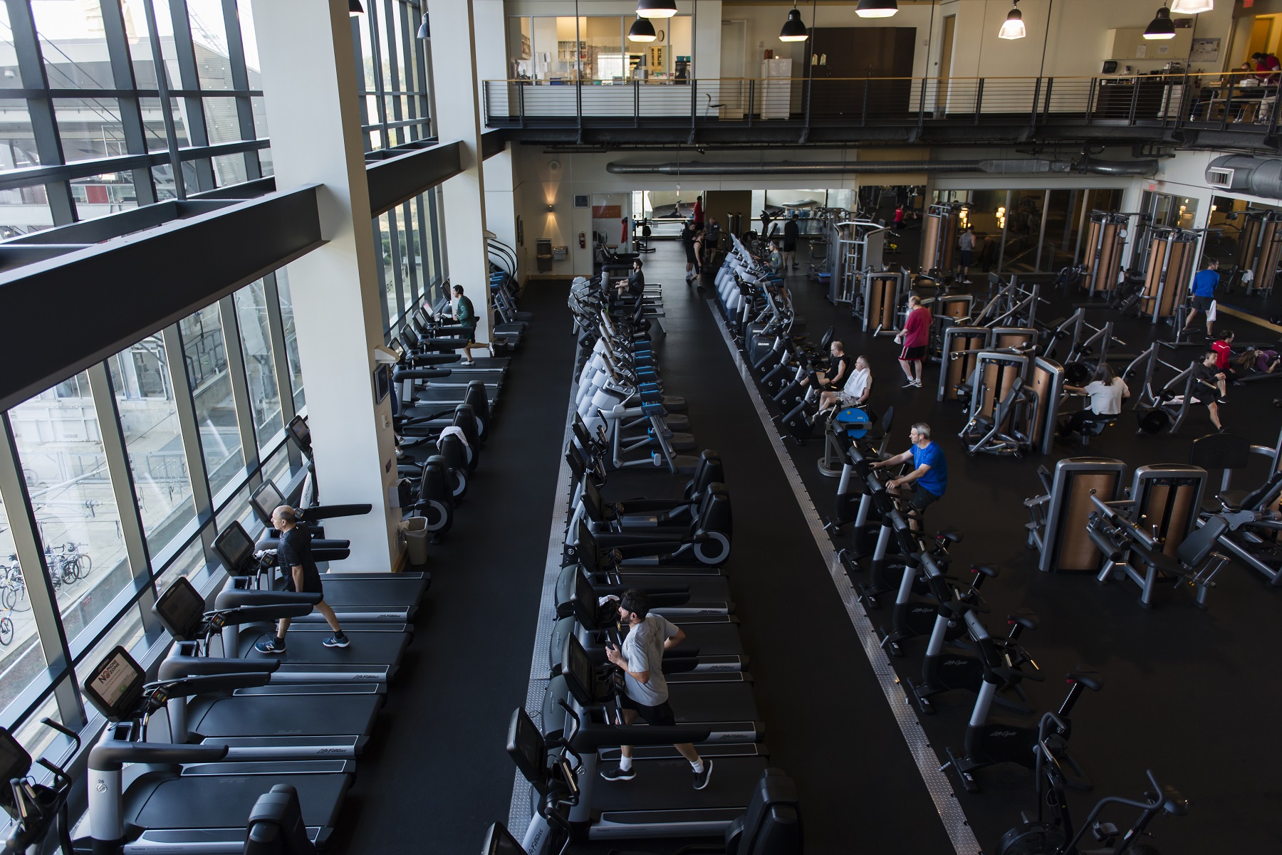 Front view of cardiovascular equipment on the fitness floor with high window.