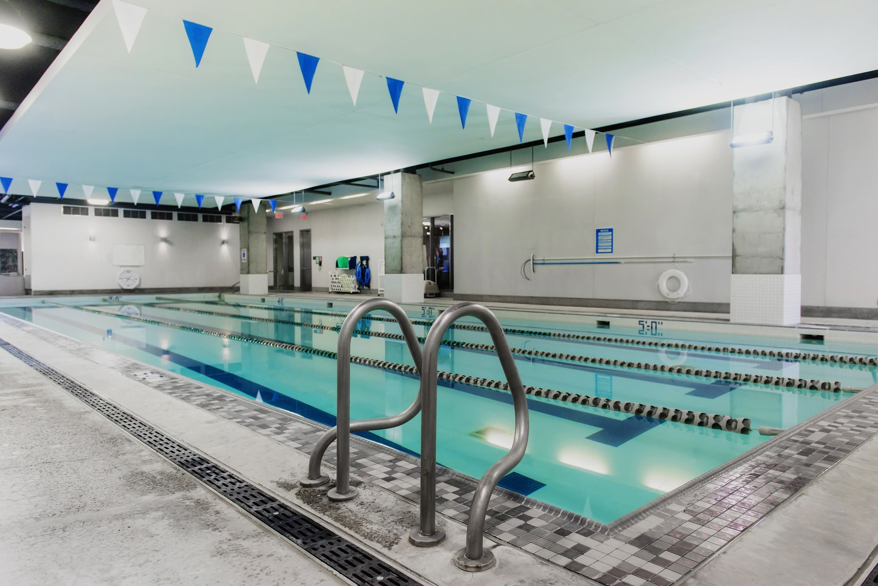 Wide view of four-lane lap pool.