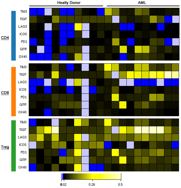 Figure comparing activation markers in bone marrow samples from healthy donors to those in AML patients.