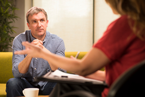 Patient discusses options with a bloodless surgery care provider.