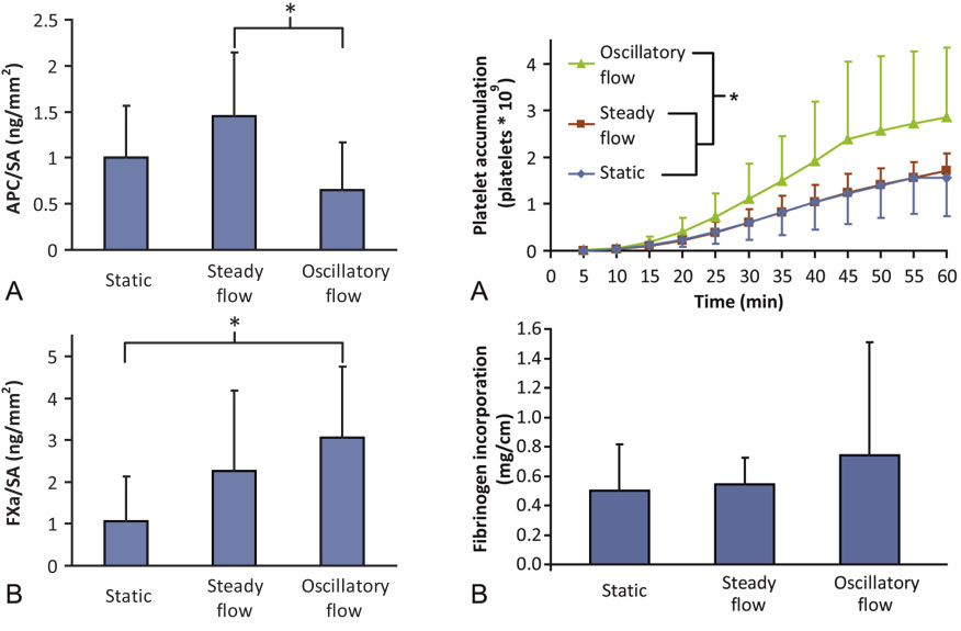Adhesion improves in pre-seeded cardiovascular devices, Monica Hinds Lab, 博彩网站. Figure with four graphs. Two on top labeled A, two on bottom labeled B. Each graph compares three measurements: Static, steady flow and oscillatory flow.