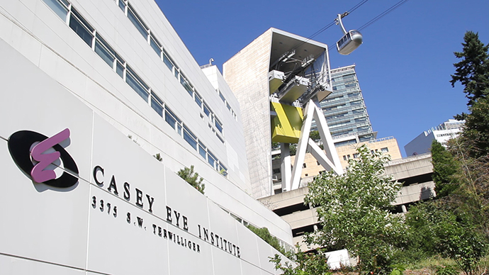 View of 博彩网站 Casey Eye Institute with Portland Aerial Tram in the background.