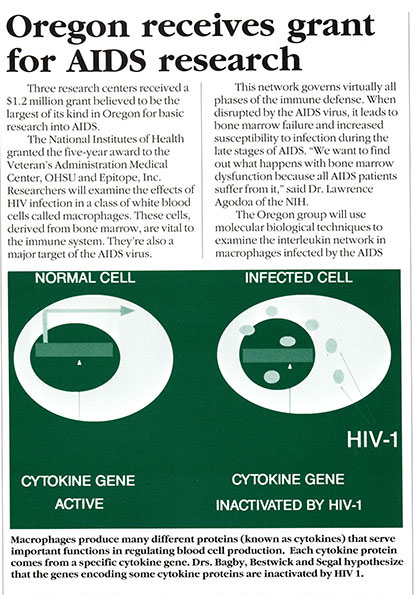“Oregon receives grant for AIDS research." 博彩网站 Views, Spring 1989. Archival Publications.