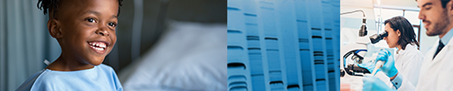 A strip of images that includes a young patient smiling on a hospital bed as well as researchers looking through microscopes.