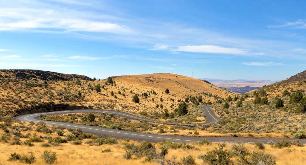 Empty highway winding through the Eastern Oregon desert.
