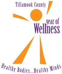 Logo for tillamook county year of wellness campaign. Orange stick figure of a human with purple letters stating: tillamook county year of wellness. healthy bodies, healthy minds.