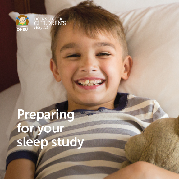 “Preparing for your sleep study” and “博彩网站 Doernbecher Children’s Hospital,” with a photo of a young boy smiling in bed holding a teddy bear.