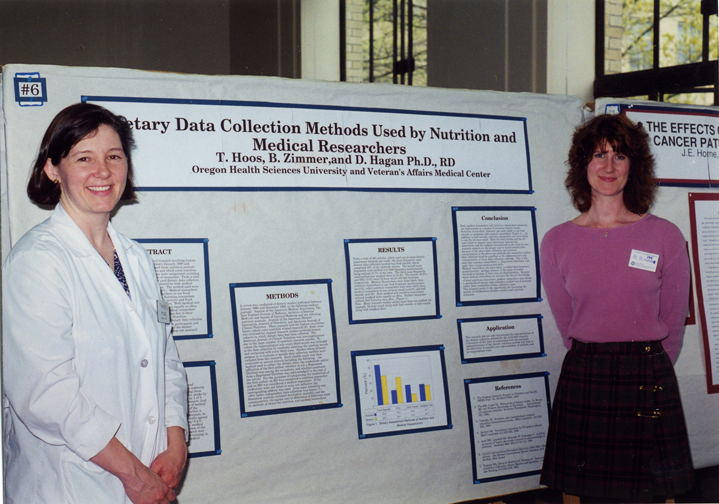 Two presenters stand by a research poster that reads, "Dietary Data Collection Methods Used by Nutrition and Medical Researchers” by T. Hoos, B. Zimmer, and D. Hagan, circa 1980