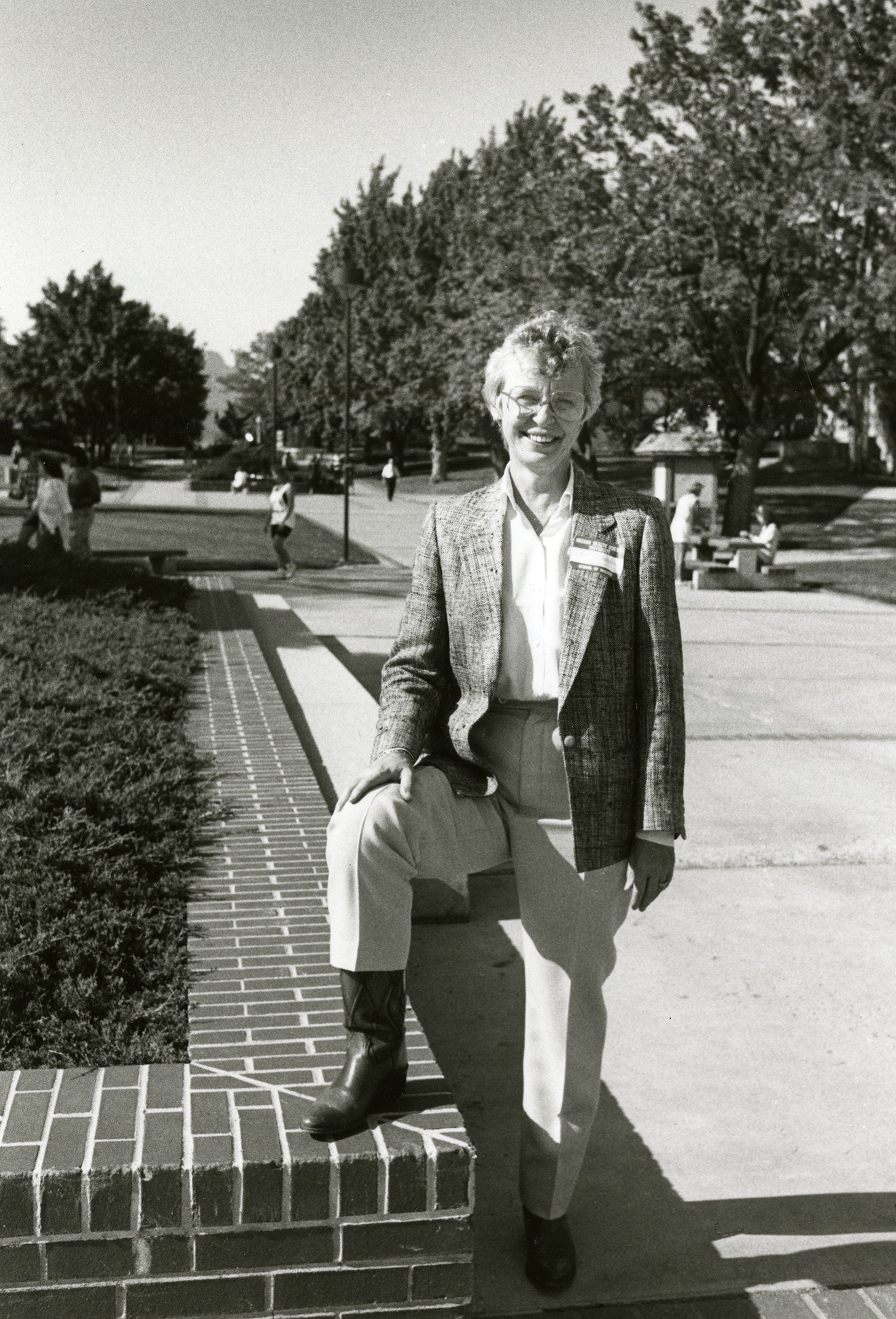 Carol Lindeman outfitted in cowboy boots during a visit to LaGrande, 1989