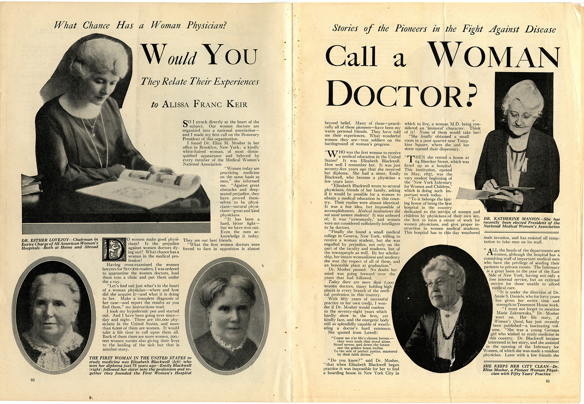 The title page of an article in a 1925 issue of Success magazine reads, "Would You Call a Woman Doctor?"