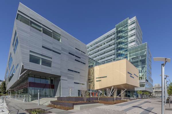 Modern building with silver, wood, and glass siding sits in front of a blue sky. Modern building with silver, wood, and glass siding sits in front of a blue sky.