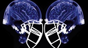 Transparent football helmets showing the human brain to highlight sports concussions.