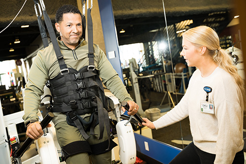 Our rehabilitation center offers a range of technologies, including weight-supported walking therapy with a device called a Lokomat.