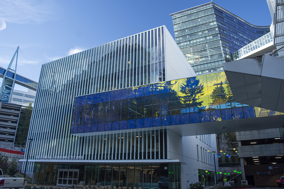 Front view of the Elks Children's Eye Clinic building and colorful skybridge.