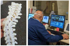Pre-operative planning with 3D printed model of complex spinal deformity. Right: Intraoperative MRI for hip dysplasia