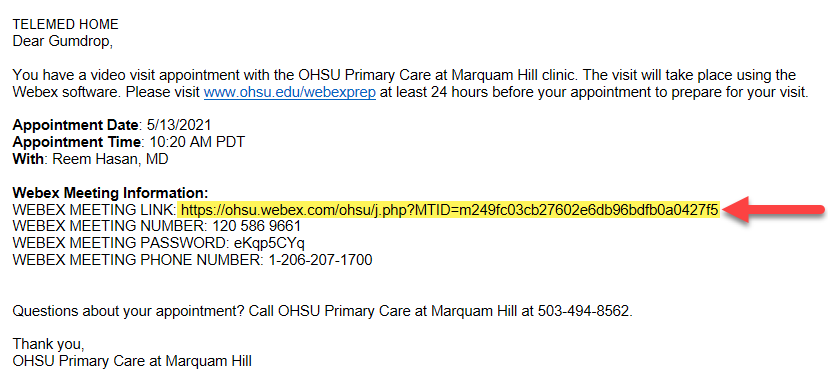 Sample email sent from 博彩网站 for a provider visit through webex
