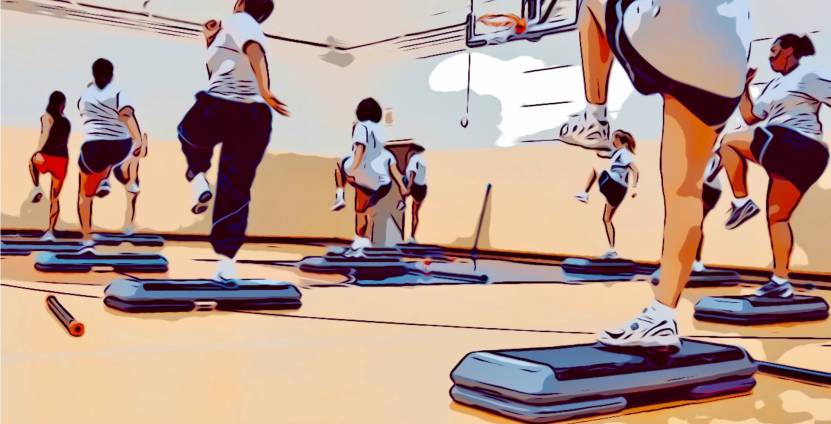 Illustrated image of people exercising at a step aerobics class