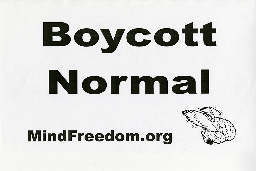 "Boycott Normal" poster with MindFreedom logo and website