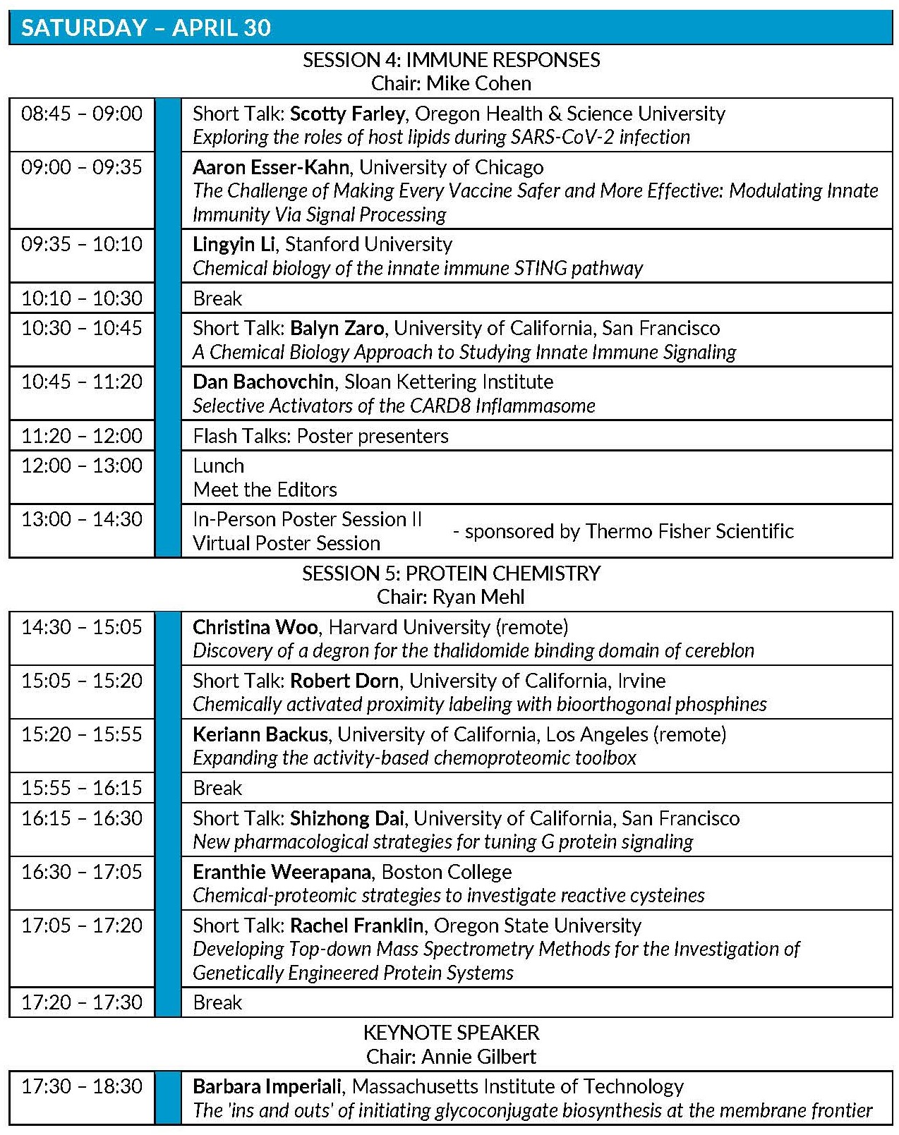 Saturday Schedule, April 30