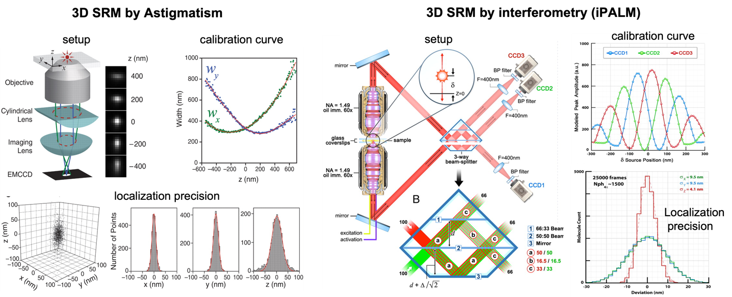 Figure 3. Three-dimensional (3D) SRM based on optical astigmatism (left) or interferometry (right). Schematics and plots on the left were taken from ref [14], and those on the right taken from from ref [15].