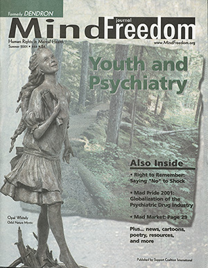 MindFreedom Journal cover. Green forest image with scuplture of child. Issue title" Youth and Psychiatry"