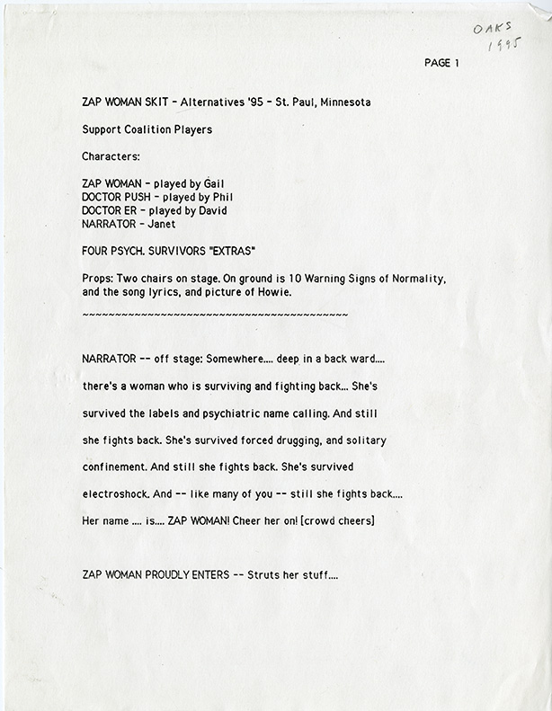 Front page of Zap Woman skit identifies the skit as being performed at the Alternatives '95 conference in St. Paul, MN.