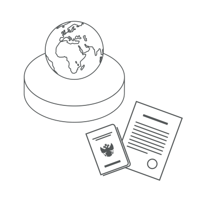 Simple Pencil drawing of a world globe on a round platform and another image of a passport