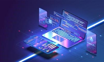 Avatar of a computer surrounded by mobile devices, like cell phones and tablets, with data connections among them.