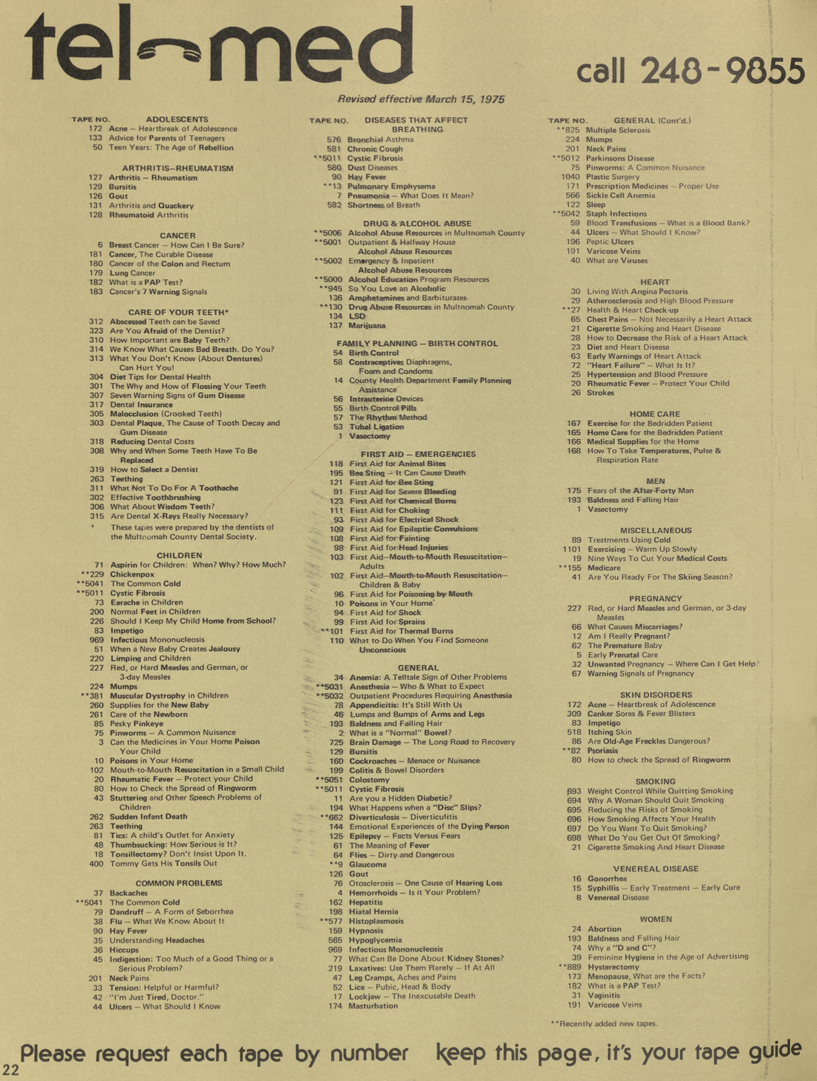 List of tel-med tapes by topic