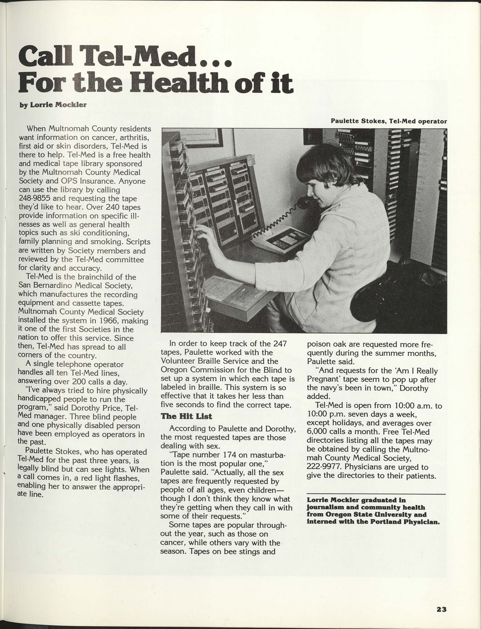 “Call Tel-Med… for the health of it” article, Portland Physician, September/October 1982.