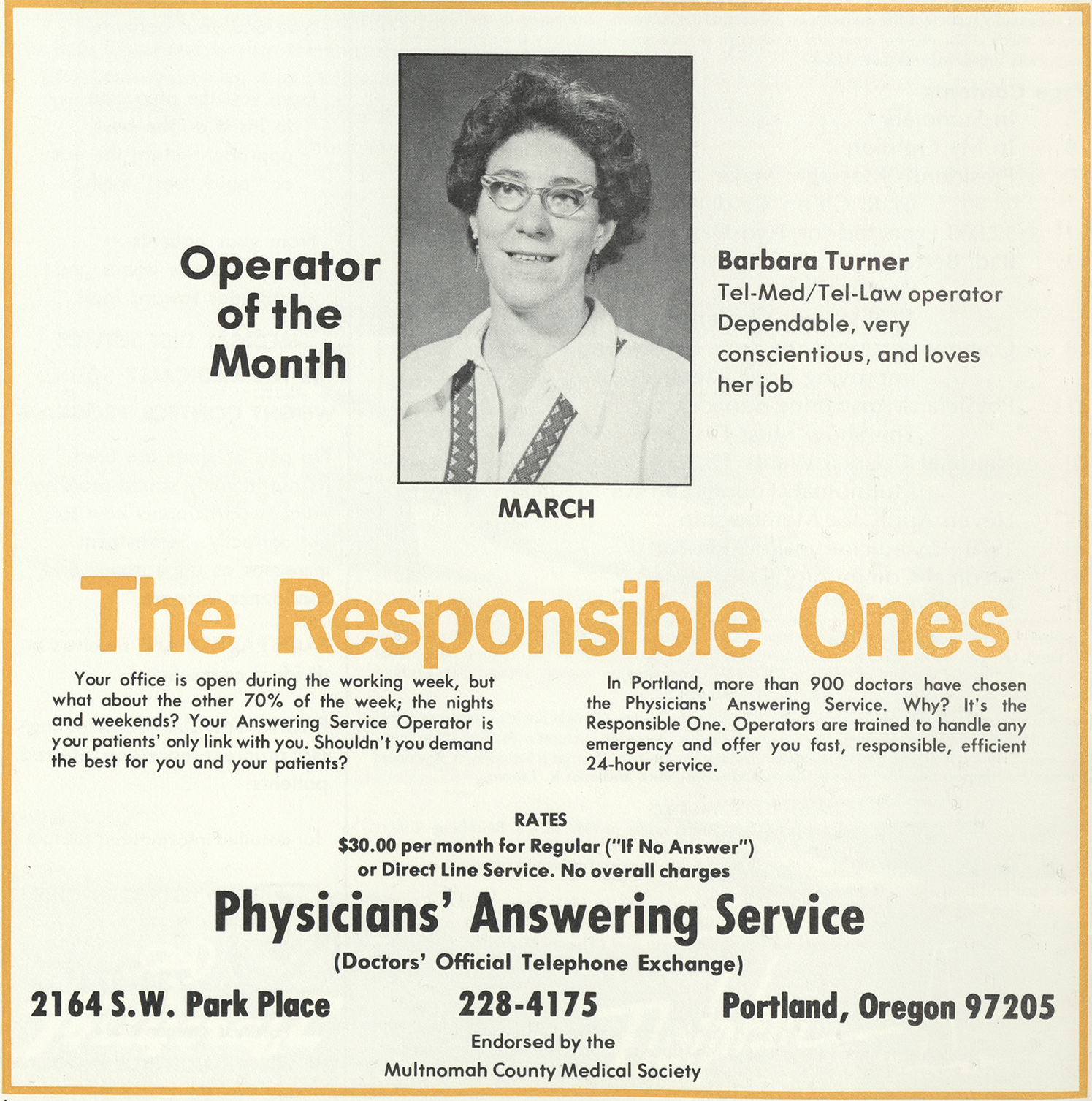 "The Responsible Ones" advertisement for the Physicians' Answering Service" featuring the Operator of the Month Barbara Turner