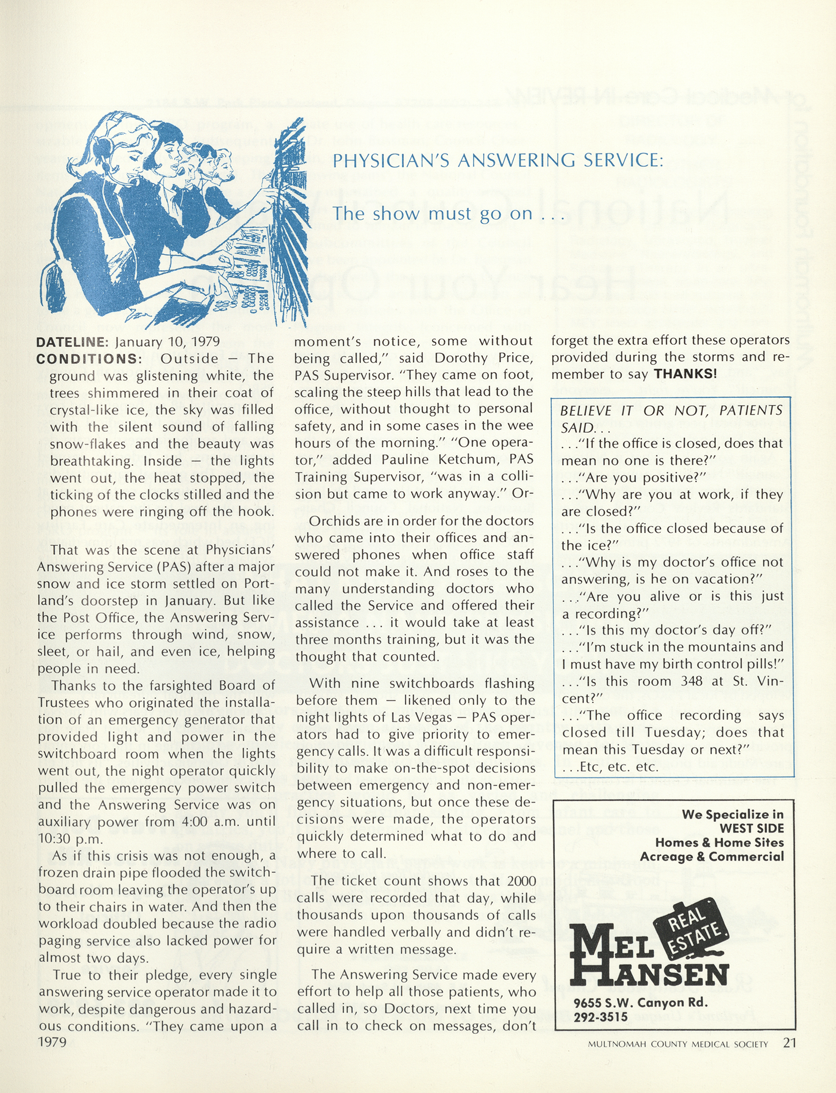 "Physicians Answering Service: The show must go on" article about operators coming to work amid a snowstorm
