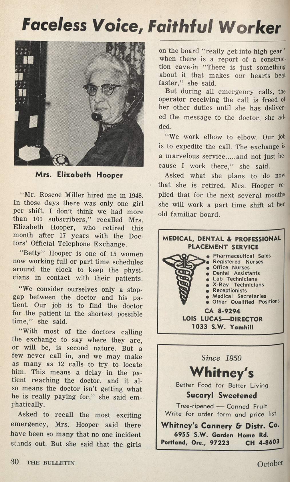 "Faceless Voice, Faithful Worker" article features a retiring telephone exchange operator