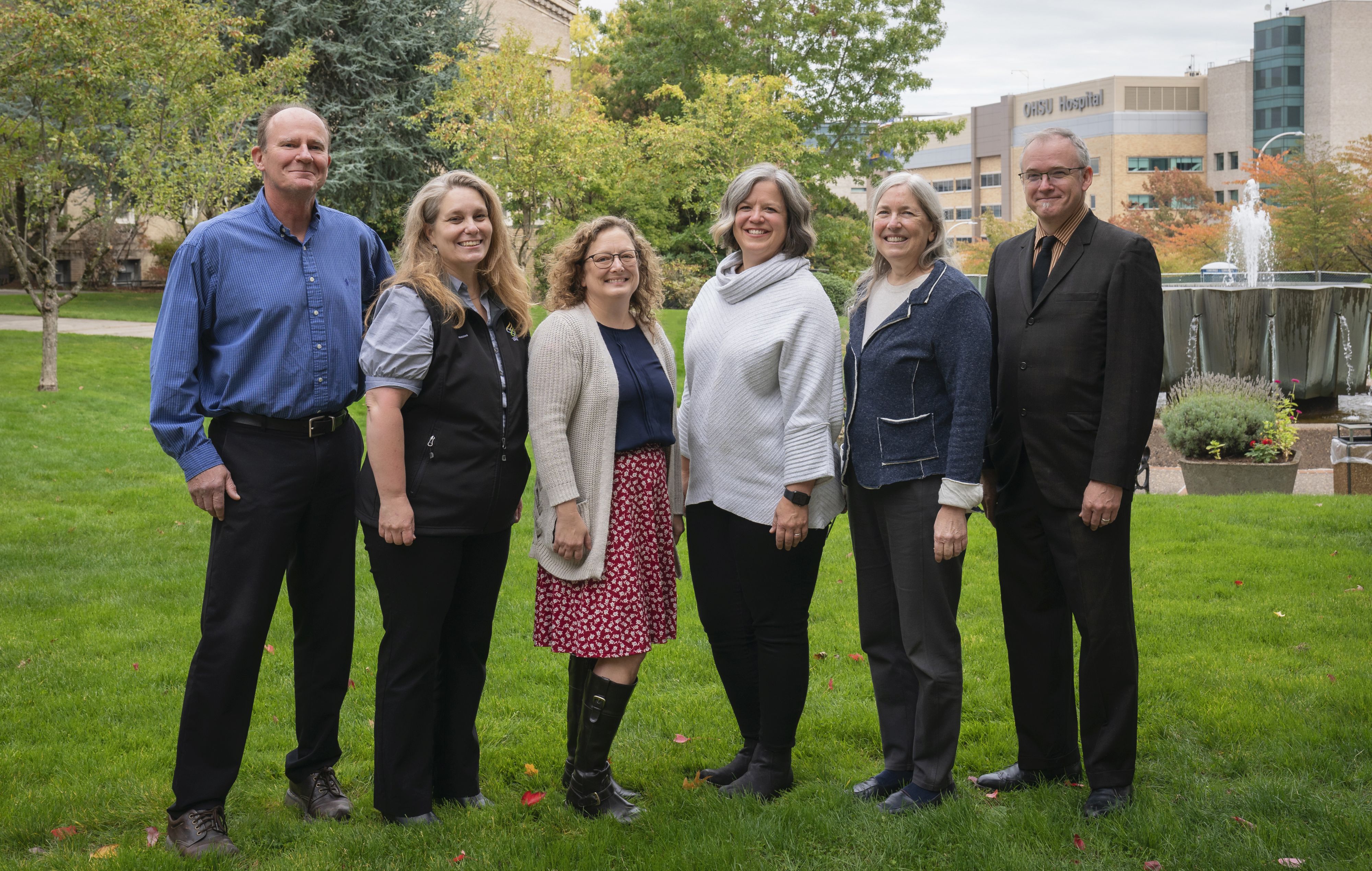 Group photo of CTRC Managers and Director. From left to right: Clive Woffendin, PhD; Sue Downs, RN; Kelli Frost, BS; Julia Jordan, MS; Mary Samuels, MD; and Brian Booty, CCRP.