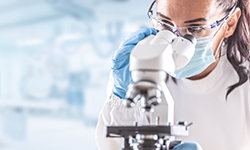 A female researcher looking to a microscope in a laboratory.