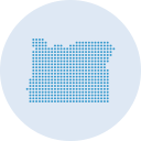 Dark blue icon of Oregon made up of small dots. Overlaid on a light blue circle.