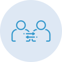 Dark blue icon of an outline of two head and shoulders with bi-directional arrows between them. Both encircled by a light blue circle.